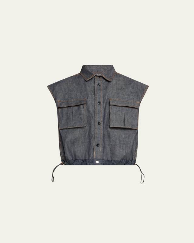 Denim Mix Pleated Back Drawcord Shirt
